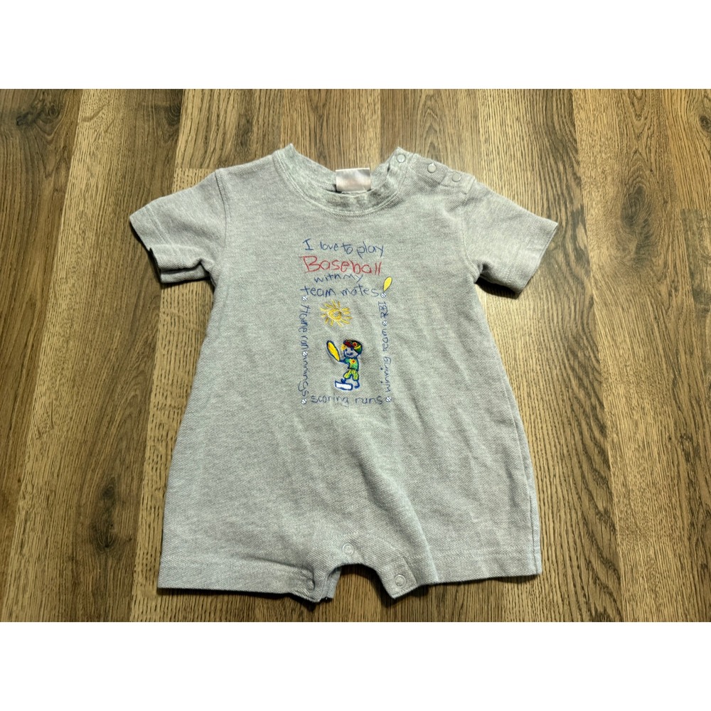 Vintage Carter's Romper Size 6-9M Gray One Piece Short Sleeve Graphic Baseball